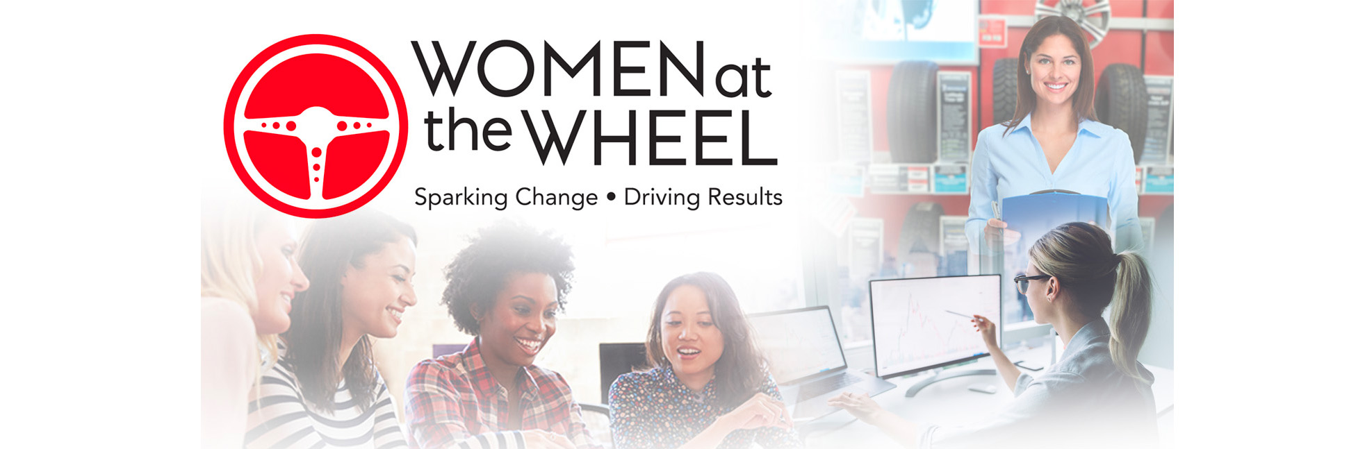 Group of women in a meeting; a woman pointing at a computer screen; a woman holding a clipboard at a tire shop